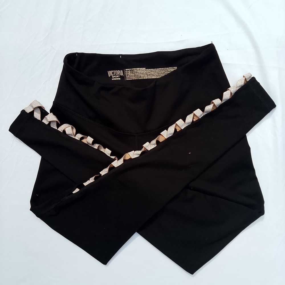 Victoria's Secret Black Victoria Sport Side Split Black & Gold Leggings Small